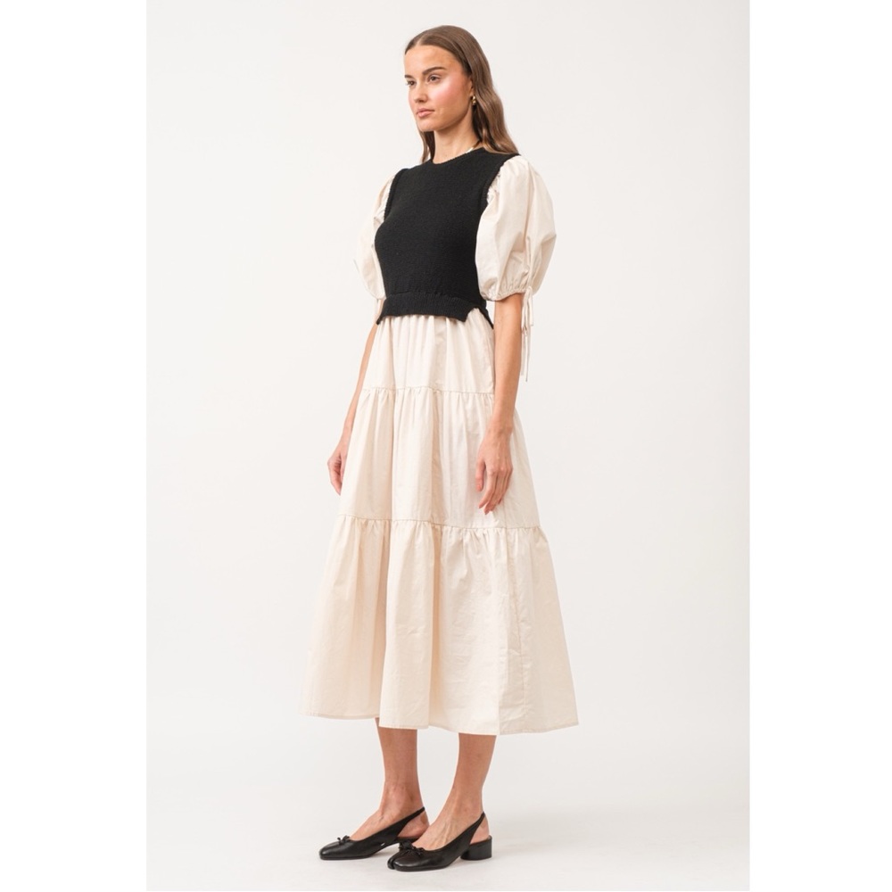 Black & Natural Combination Midi Dress w/Puffed Sleeves & Knit Bodice